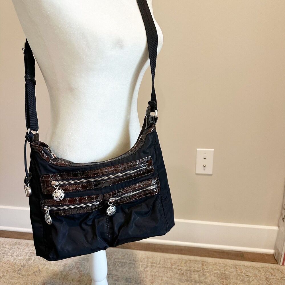 Brighton Go Go Messenger Crossbody Bag Black Nylon Brown Croc